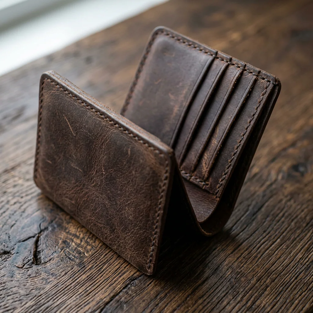 Leather wallet on oak desk